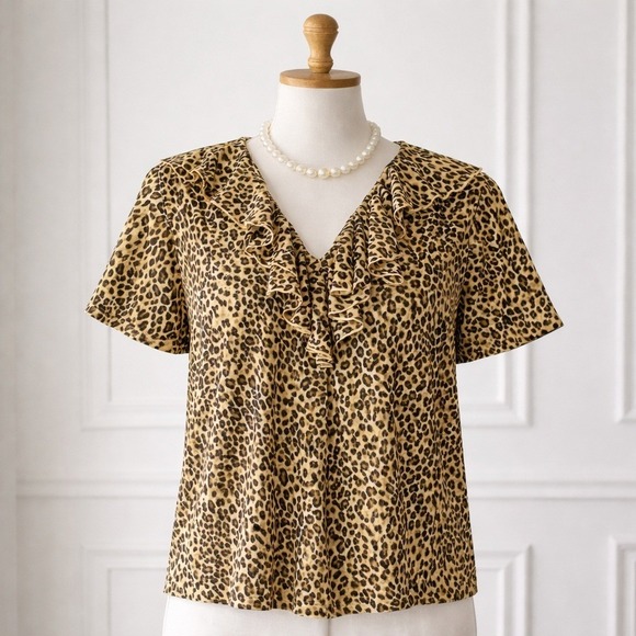 Lauren Ralph Lauren Tops - Lauren Ralph Lauren Leopard Print Ruffle V-Neck Mesh Blouse Plus Size 2X Brown